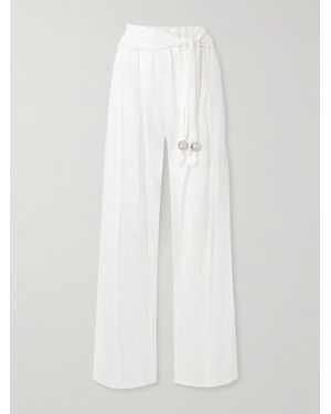 Lisa Marie Fernandez Embellished Belted Crinkled Linen-Blend Gauze Wide-Leg Trousers - White