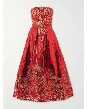 Elie Saab Trägerloses Midikleid Aus Tüll Mit Falten, Pailletten, Stickereien Und Gürtel - Rot