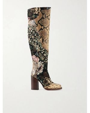 Dries Van Noten Leather And Floral-Jacqaurd Over-The-Knee Boots - White