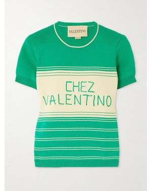 Valentino Garavani Embroidered Striped Cotton T-Shirt - Green