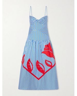FARM Rio Sky Striped Embroidered Cotton Poplin Midi Dress - Blue
