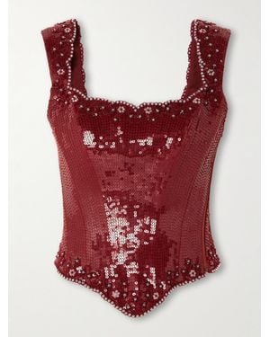 Clio Peppiatt Syrah Embellished Tulle Bustier Top - Red
