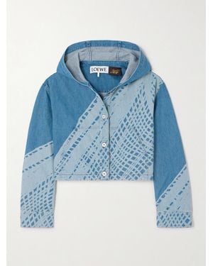 Loewe Paula's Ibiza Hooded Cropped Leather-Trimmed Printed Denim Jacket - Blue
