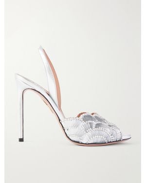 Aquazzura Ce Soir 105 Slingback Sequin-Embellished Leather Sandals - White