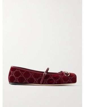 Gucci Ballerines En Velours À Finitions En Cuir, Mors De Cheval Et Cristaux Horsebit Ballerina - Rouge