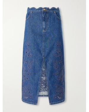FARM Rio Scalloped Richilieu Denim Midi Skirt - Blue