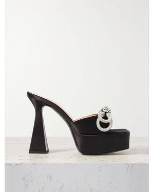 Mach & Mach Double Bow Crystal-Embellished Silk-Satin Platform Mules - Black