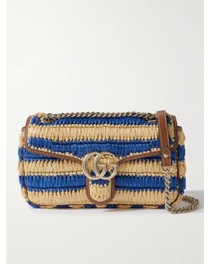 Gucci Gg Marmont 2.0 Leather-Trimmed Striped Raffia Shoulder Bag - Blue