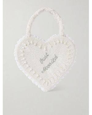 Clio Peppiatt Just Married Lace-Trimmed Beaded Twill Tote - White