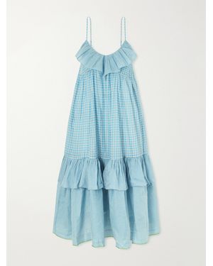 Eka Teek Ruffled Tiered Checkered Cotton Silk Dress - Blue