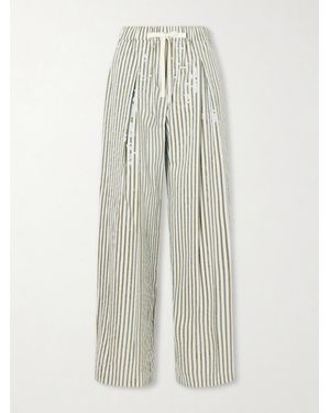Twp Pj Sequin-Trimmed Striped Cotton-Blend Wide-Leg Drawstring Trousers - White