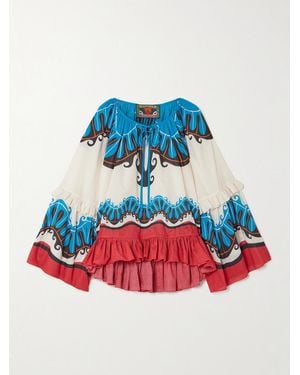 La DoubleJ Mother Boho Tie-Detailed Printed Cotton Peplum Blouse - Blue