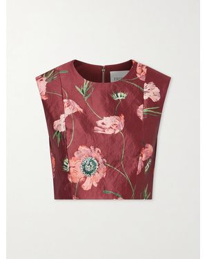 Erdem Floral-Print Crinkled Satin Cropped Top - Red