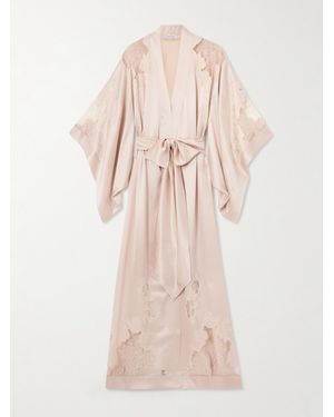 Carine Gilson Belted Lace-Trimmed Silk-Satin Robe - Natural