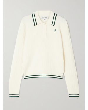 Sporty & Rich Embroidered Striped Cable-Knit Polo Jumper - Natural