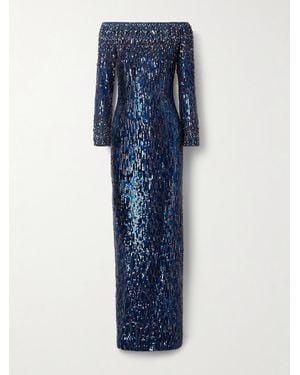 Jenny Packham Off-The-Shoulder Crystal And Sequin-Embellished Tulle Gown - Blue