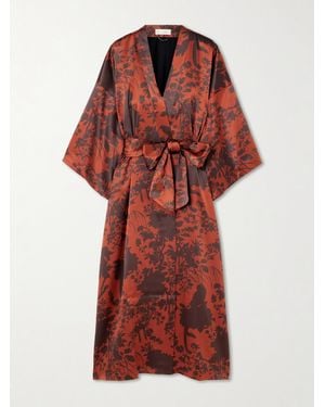 Olivia Von Halle Kimono En Satin De Soie À Imprimé Fleuri Et À Ceinture Queenie - Rouge