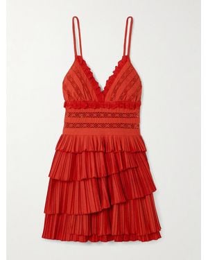 Sea Antonina Broderie Anglaise-Trimmed Tiered Pleated Poplin Mini Dress