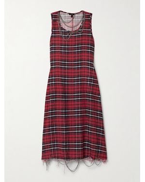 R13 Embellished Distressed Checked Brushed-Linen Midi Dress - Red