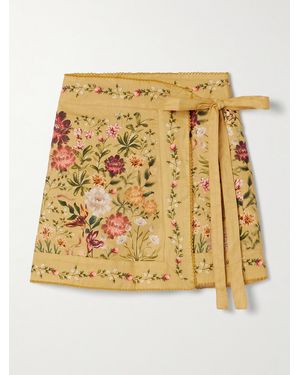 Agua Bendita Luna Paramo Floral-Print Linen Mini Wrap Skirt - Metallic