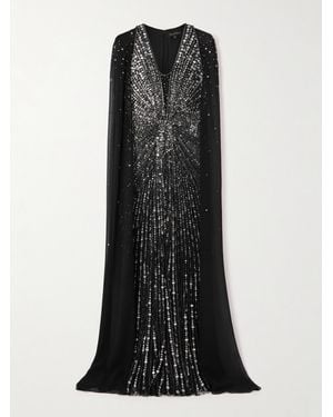 Jenny Packham Zenith Cape-Effect Embellished Chiffon Gown - Black