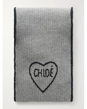 Chloé Embroidered Ribbed Wool And Cashmere-Blend Scarf - Grey