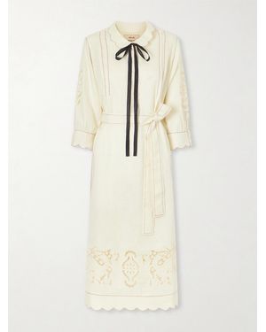 Vita Kin Samarkand Broderie Anglaise-Trimmed Belted Linen Midi Dress - Natural