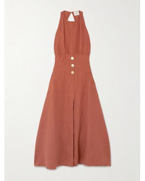 LeKasha Jesmah Open-Back Embellished Linen Midi Dress - White