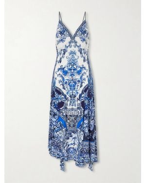 CAMILLA Crystal-Embellished Printed Silk Midi Dress - Blue