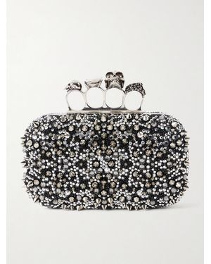 McQueen Studded Crystal-Embellished Satin Clutch - Gray