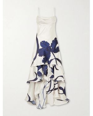 ANDRES OTALORA Inoportuna Printed Ruched Ruffled Satin Maxi Dress - White