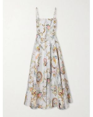 CAMILLA Crystal-Embellished Printed Linen And Silk-Blend Midi Dress - White