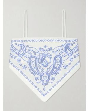 Self-Portrait Asymmetric Embroidered Linen And Cotton-Blend Top - Blue