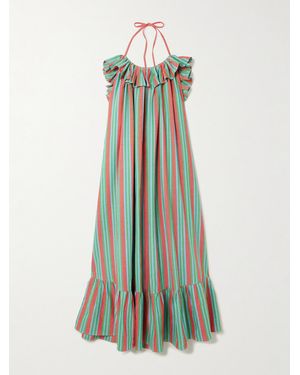 Marrakshi Life Ruffled Tiered Striped Cotton Halterneck Maxi Dress - Green