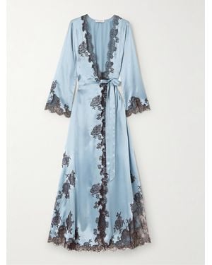 Carine Gilson Belted Lace-Trimmed Silk-Satin Robe - Blue