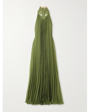 Zuhair Murad Tasseled Pleated Embellished Mesh-Trimmed Georgette Halterneck Gown - Green
