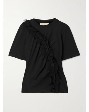 Ulla Johnson Vivi Crepon-Trimmed Ruched Organic Cotton-Jersey T-Shirt - Black