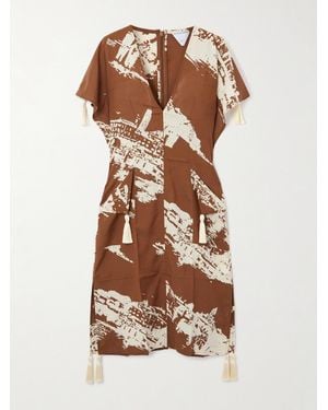 Bottega Veneta Tasselled Printed Silk And Cotton-Blend Shantung Dress - Brown