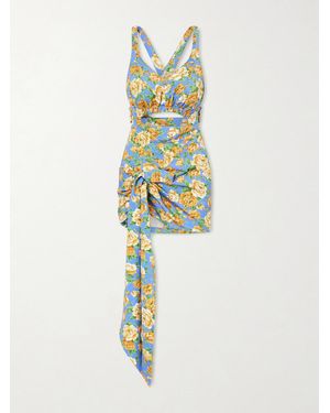 Rabanne Tie-Detailed Cutout Floral-Print Stretch-Jersey Playsuit - Blue