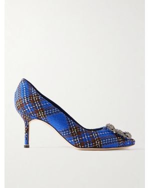 Manolo Blahnik Hangisi 70 Crystal-Embellished Checked Wool Pumps - Blue