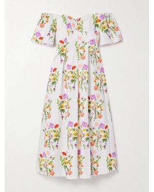 Borgo De Nor Gracie Off-The-Shoulder Pleated Printed Cotton-Blend Piqué Dress - White