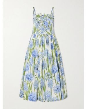 Oscar de la Renta Pleated Floral-Print Cotton-Blend Poplin Midi Dress - Blue