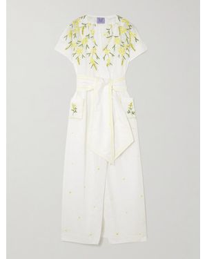 Thierry Colson Robe Midi Portefeuille En Coton Point D'Esprit À Broderies, Perles Et Ceinture - Blanc