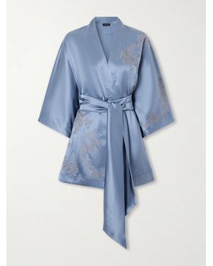 Carine Gilson Lace-Embroidered Silk-Satin Robe - Blue