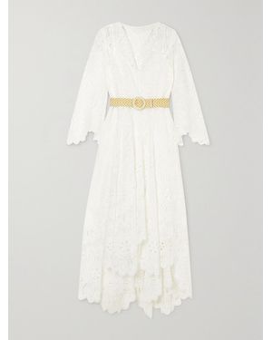 Zimmermann Chintz Doily Belted Asymmetric Guipure Lace Midi Dress - Natural