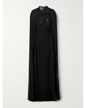 Elie Saab Cape-Effect Embellished Silk-Crepe And Silk-Chiffon Gown - Black