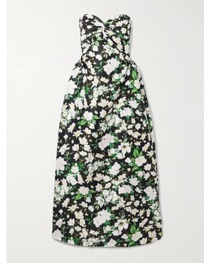 Kika Vargas Strapless Twist-Front Floral-Print Taffeta Maxi Dress - White