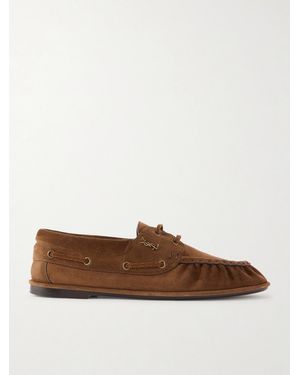 Saint Laurent Le Loafer Bateau Cassandre-Embellished Suede Loafers - Brown