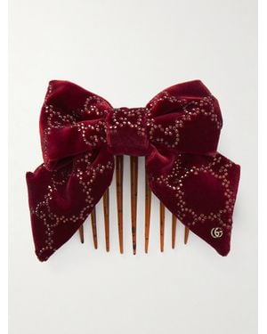 Gucci Crystal-Embellished Cotton-Blend Velvet Hair Clip - Red