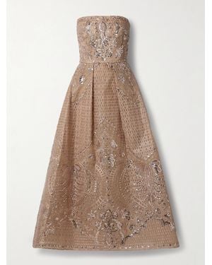 Elie Saab Strapless Sequined Embroidered Tulle Midi Dress - Natural